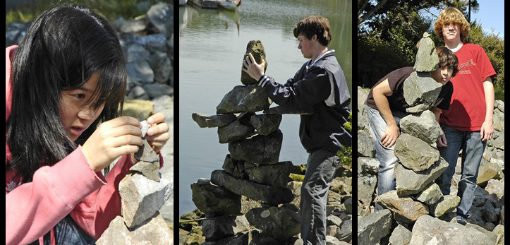 photo montage of Athenian High School students making artwork from stacked rocks at the Berkeley Marina